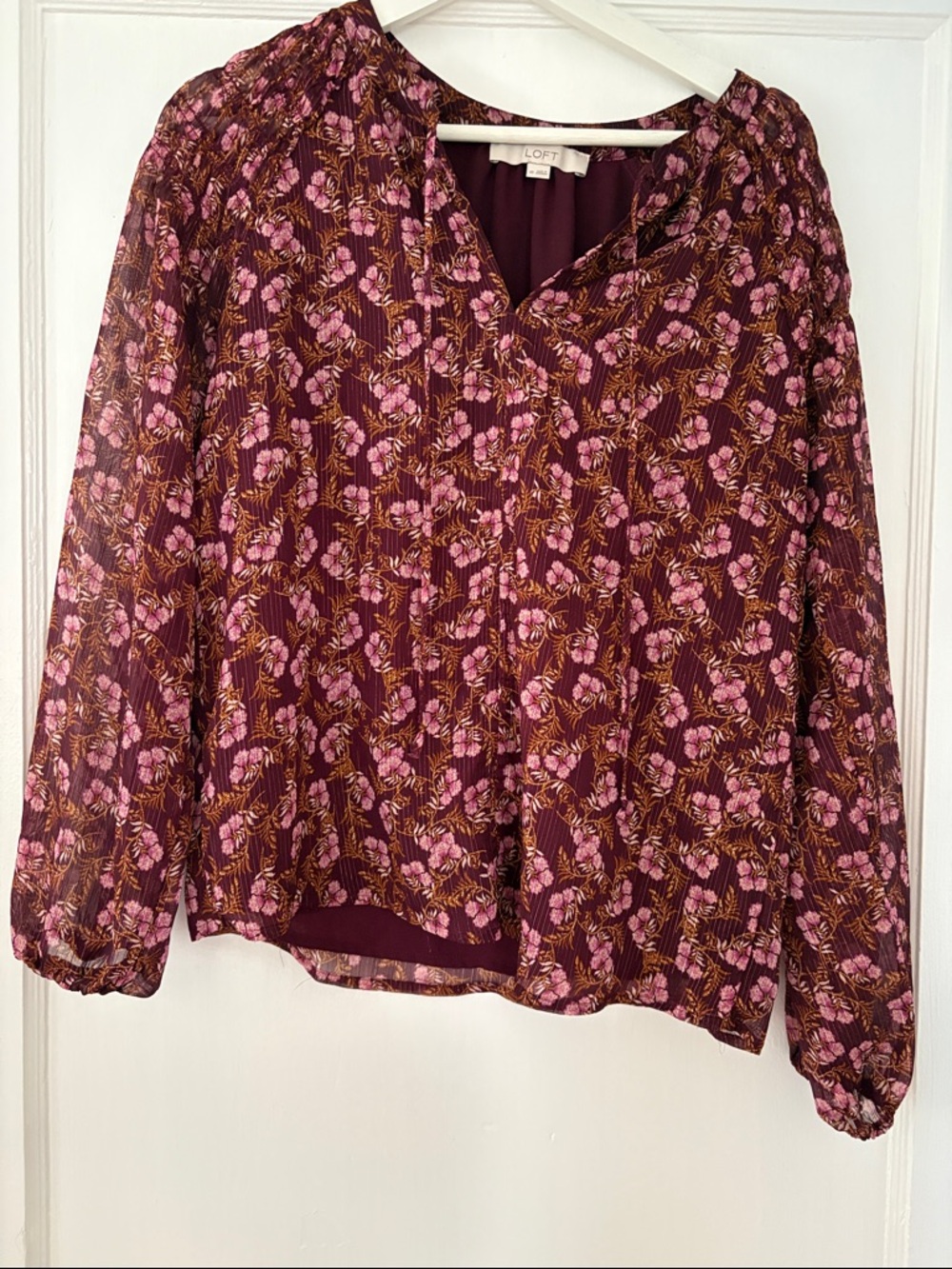 LOFT Plum Floral Long-Sleeve V-Neck Blouse